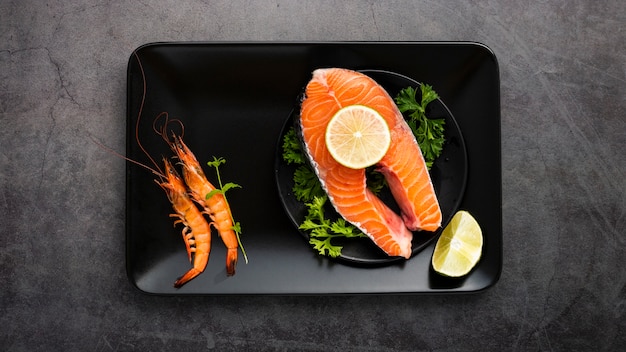 Free Photo above view decoration with salmon on tray