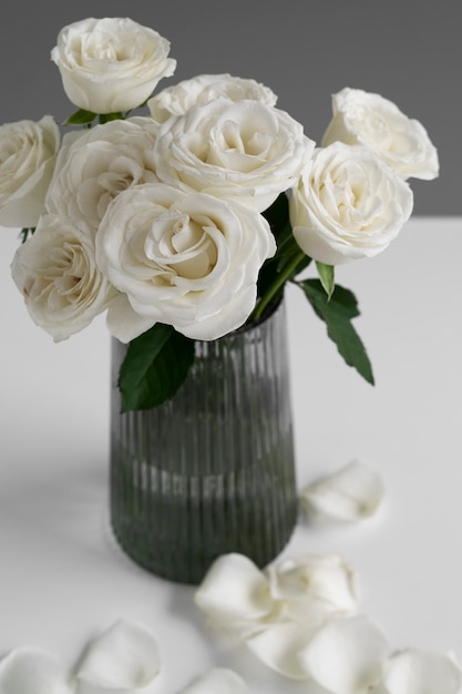 View of delicate white roses bouquet in vase