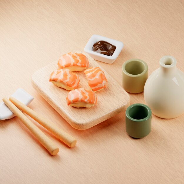 View of delicious asian food with 3d effect