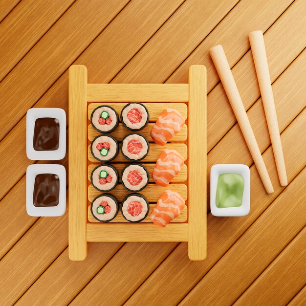 View of delicious asian food with 3d effect