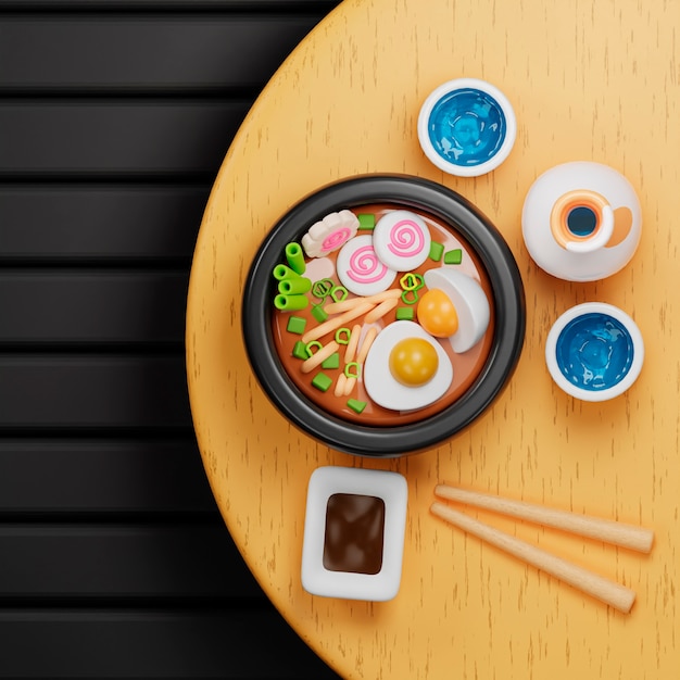 View of delicious asian food with 3d effect