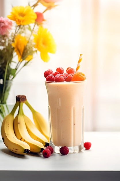 View of delicious banana milkshake with fruits