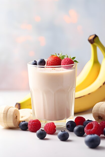 View of delicious banana milkshake with fruits