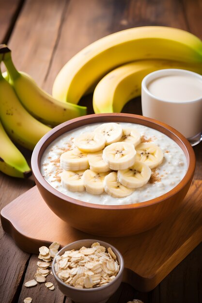 View of delicious breakfast bowl with banana and assortment of fruits