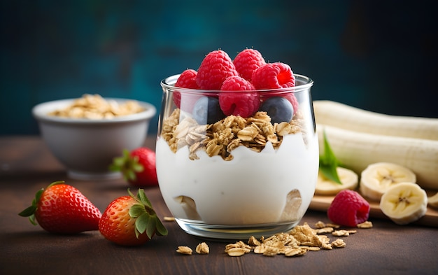 View of delicious breakfast bowl with banana and assortment of fruits