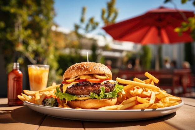 View of delicious burger with french fries