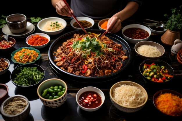 View of delicious food for chinese new year reunion dinner