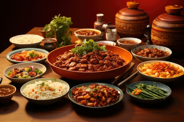 View of delicious food for chinese new year reunion dinner