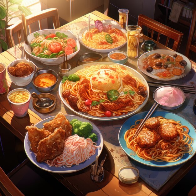 View of delicious food for reunion dinner in anime style