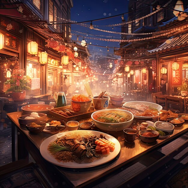 View of delicious food for reunion dinner in anime style