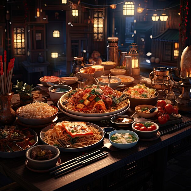 View of delicious food for reunion dinner in anime style