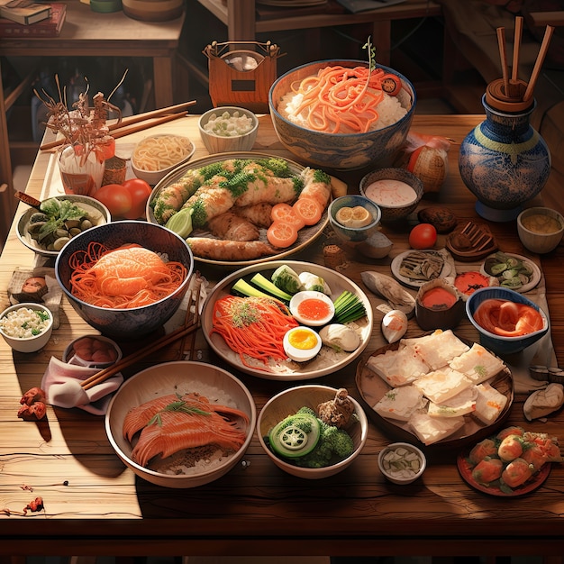 Free photo view of delicious food for reunion dinner in anime style