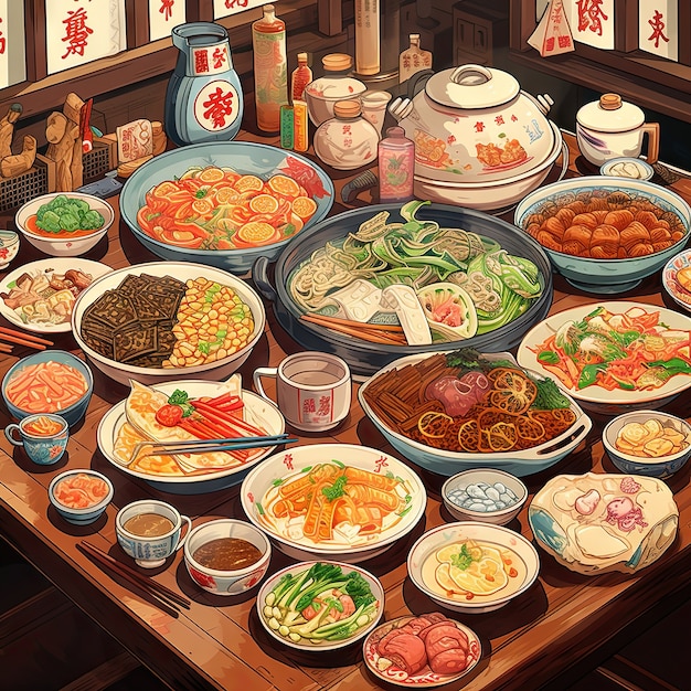 Free photo view of delicious food for reunion dinner in anime style