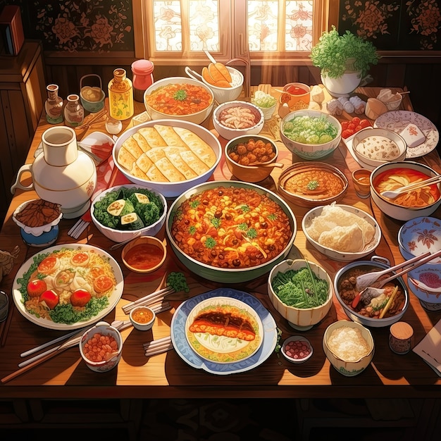 Free Photo view of delicious food for reunion dinner in anime style