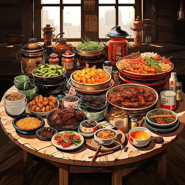 Free photo view of delicious food for reunion dinner in anime style