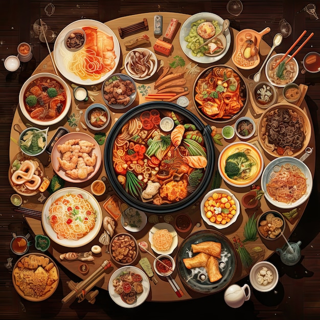 Free photo view of delicious food for reunion dinner in anime style