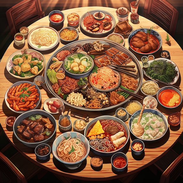 Free Photo view of delicious food for reunion dinner in anime style