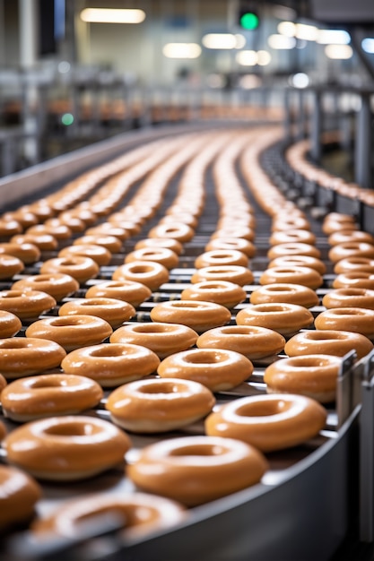 Free Photo view of delicious glazed donuts in factory