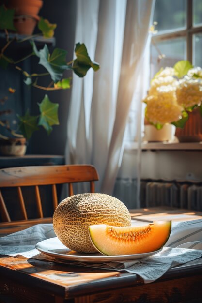 View of delicious and healthy cantaloupe melon