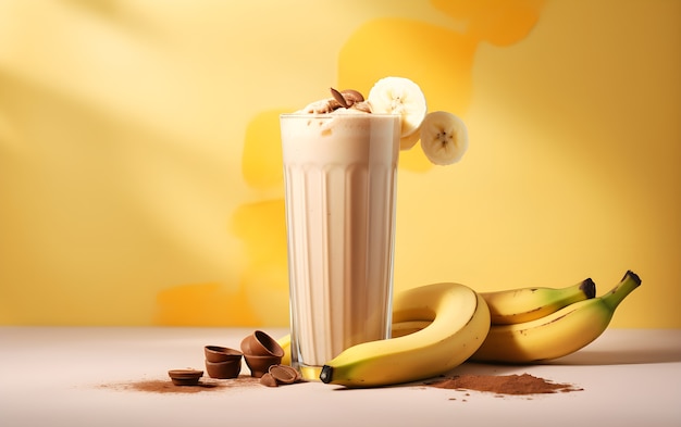 View of delicious milkshake drink with bananas