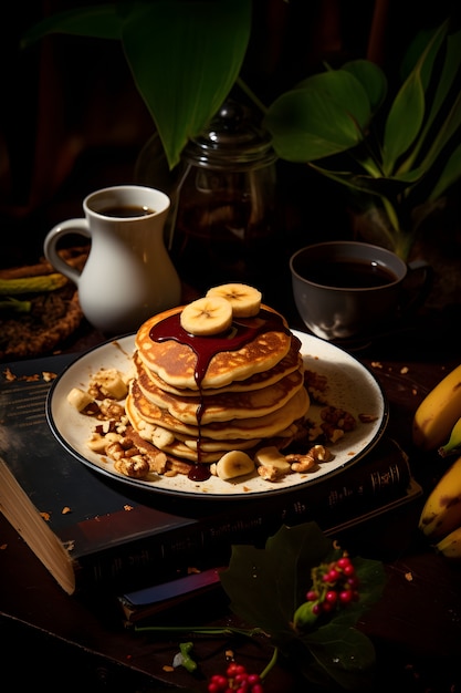 View of delicious pancakes with bananas