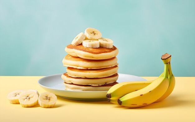 View of delicious pancakes with bananas