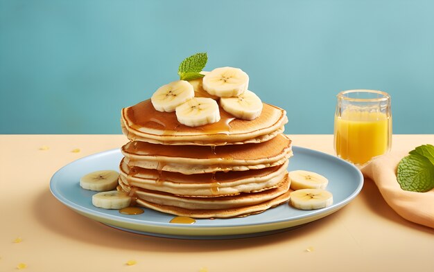 View of delicious pancakes with bananas