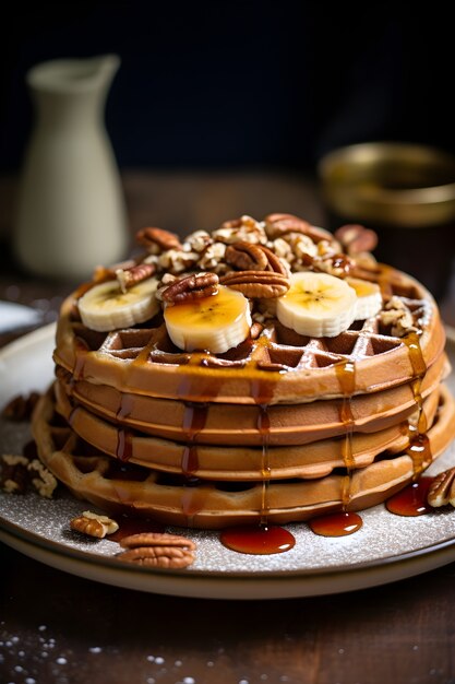 View of delicious waffles with banana slices and syrup