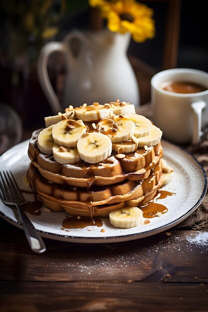 View of delicious waffles with banana slices and syrup