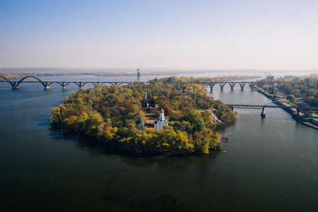 Free photo view over the dnieper river in kiev. aerial drone view.