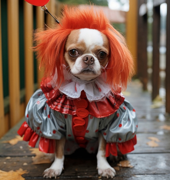 View of dog with funny outfit