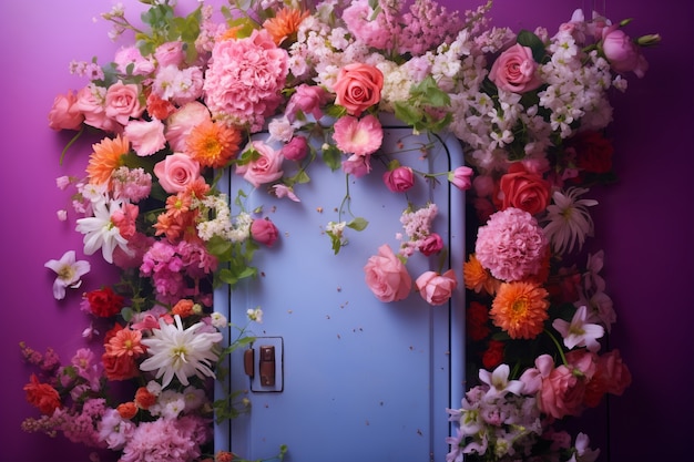 Free photo view of door with blossoming springtime flowers