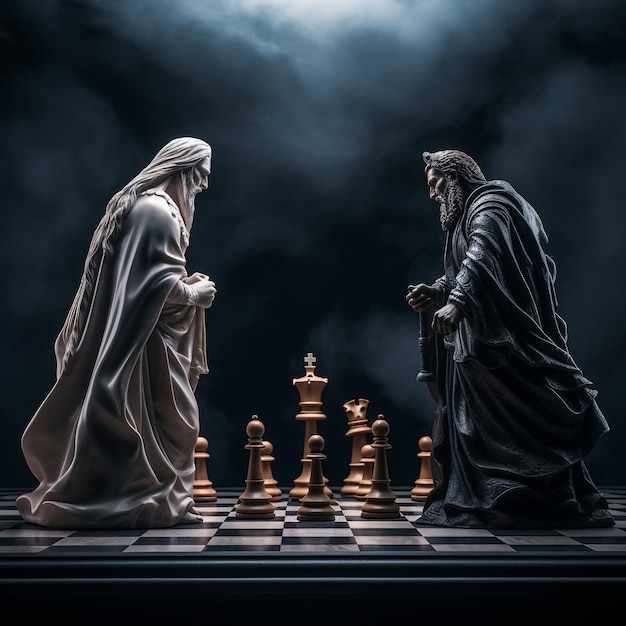 Free photo view of dramatic chess pieces with men