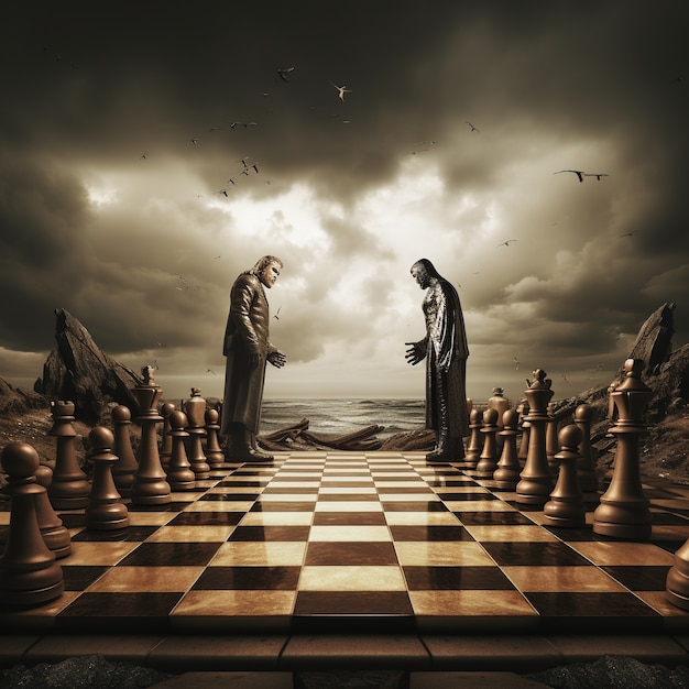 Free photo view of dramatic chess pieces with men