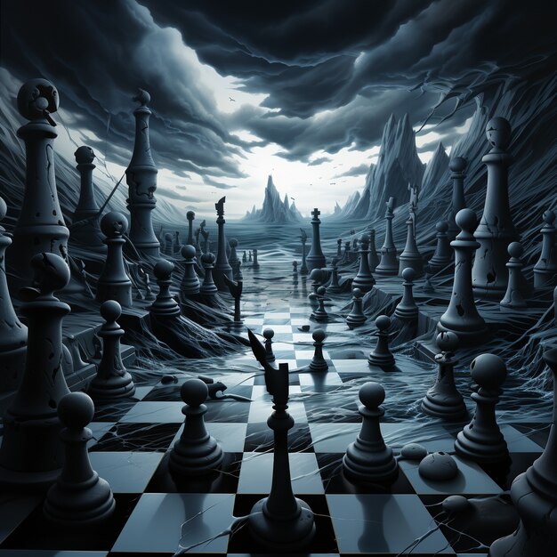 View of dramatic chess pieces with stormy weather