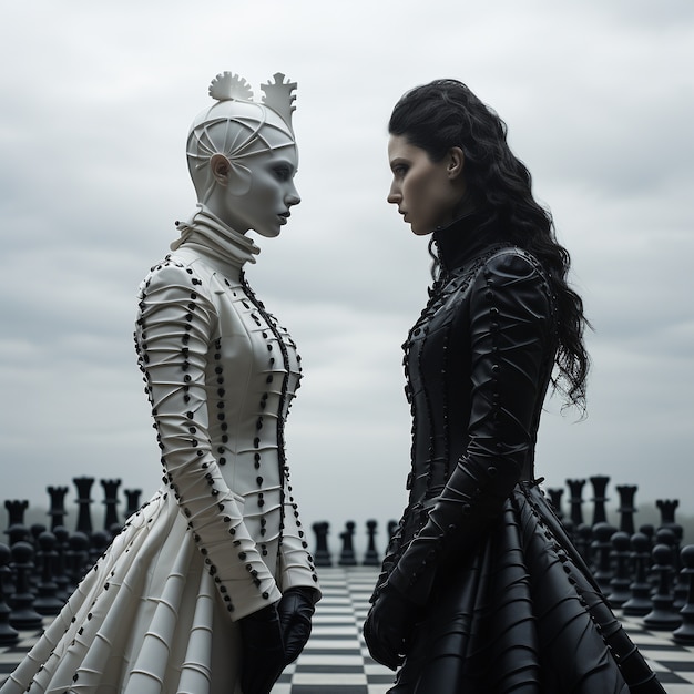 Free photo view of dramatic chess pieces with women