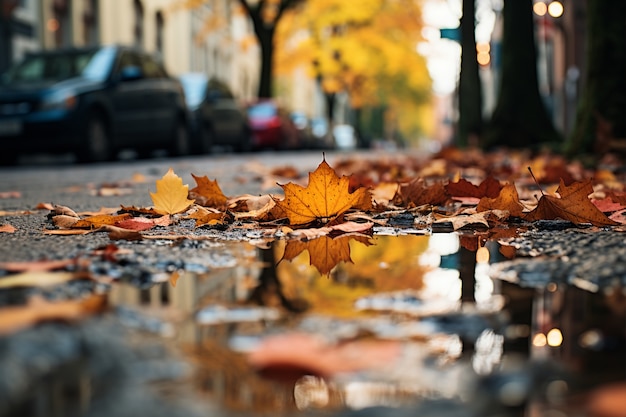 View of dry autumn leaves fallen on street pavement