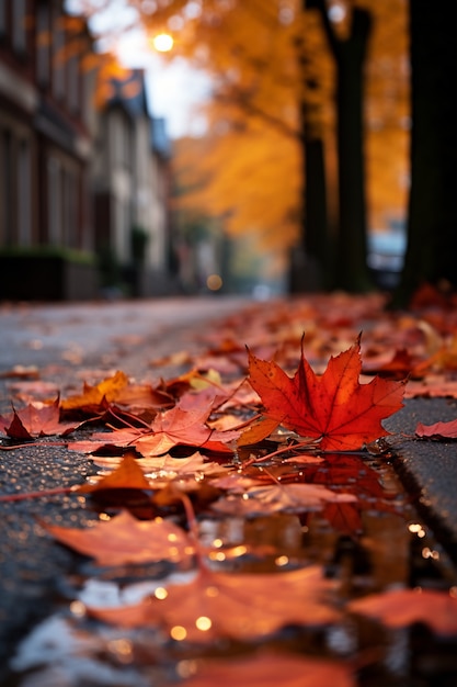 Free photo view of dry autumn leaves fallen on street pavement