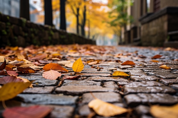 Free photo view of dry autumn leaves fallen on street pavement