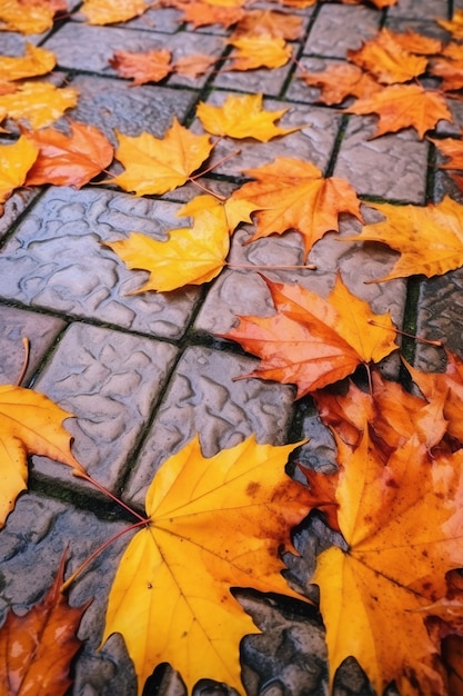 View of dry autumn leaves fallen on street pavement