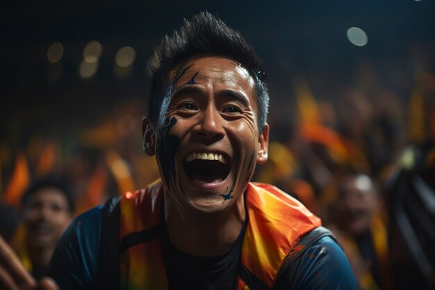 View of ecstatic football fan celebrating