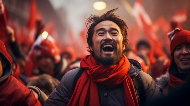 View of ecstatic football fan celebrating