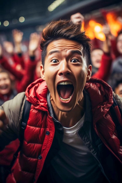 View of ecstatic football fan celebrating