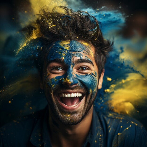 View of ecstatic football fan with painted face