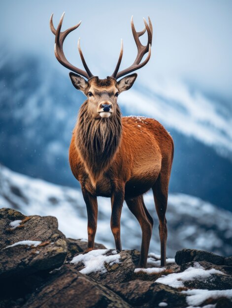 View of elk with winter nature landscape