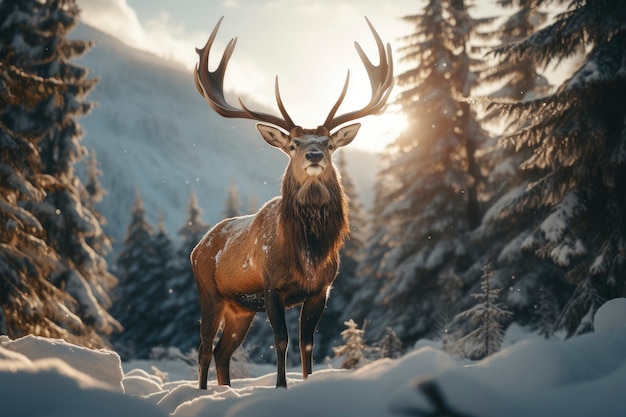 View of elk with winter nature landscape