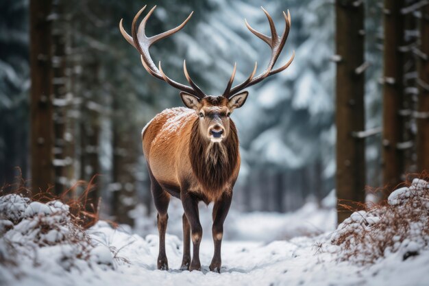 View of elk with winter nature landscape