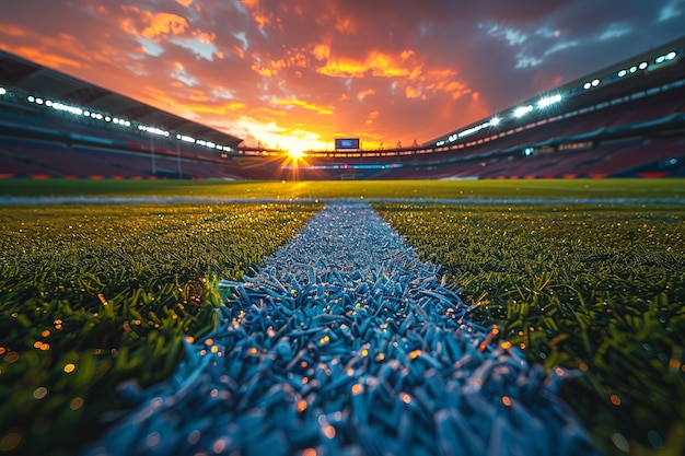 Free photo view of empty soccer stadium with fantasy and dreamy sky