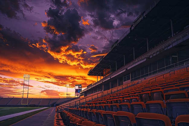 View of empty soccer stadium with fantasy and dreamy sky