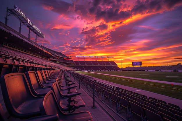 Free photo view of empty soccer stadium with fantasy and dreamy sky